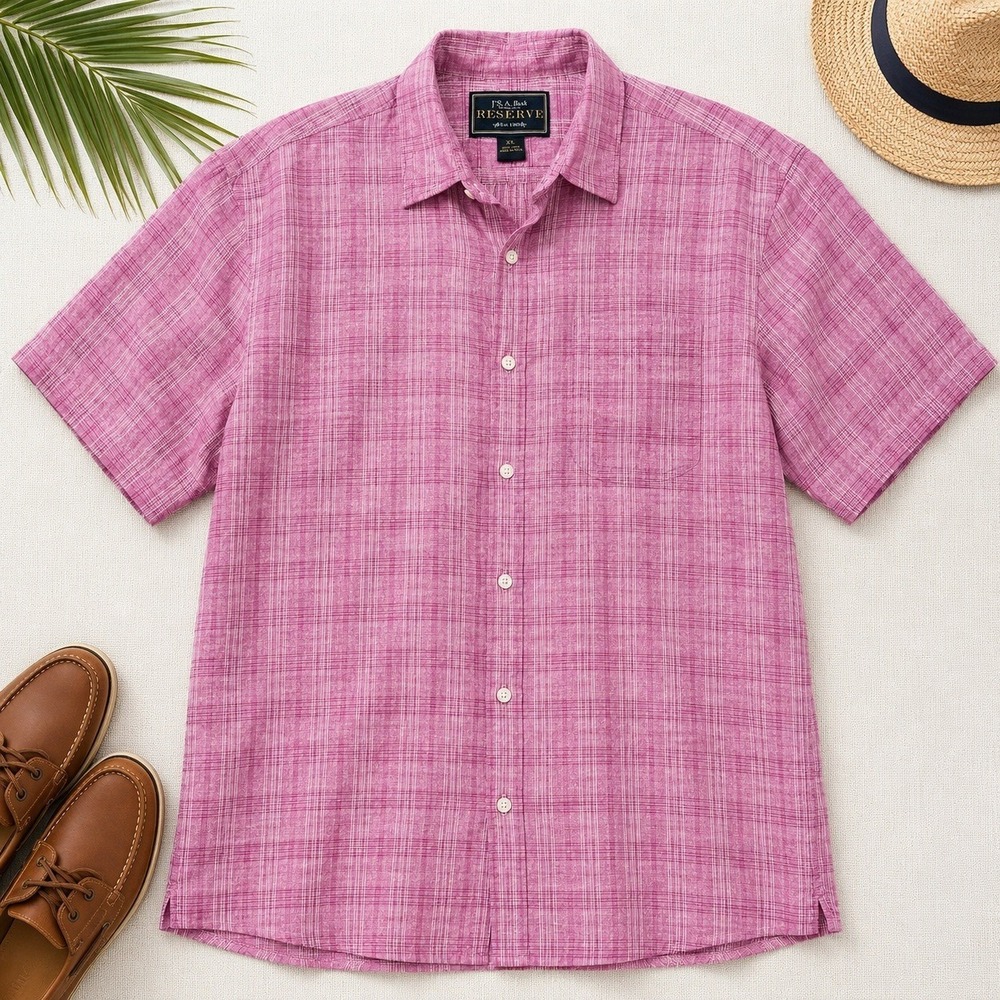Jos A Bank Reserve 100% Linen Shirt Mens XL Pink Plaid Short Sleeve Beach Resort